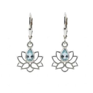 Обеци с висящ лотос и скъпоценен камък Сребърни, син топаз